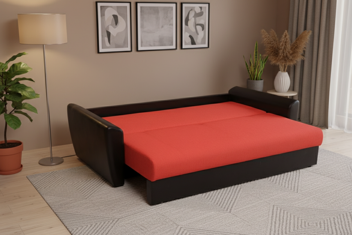 Диван-еврокнижка Амстердам, 160х195, пружинный блок, рогожка/экокожа, красный