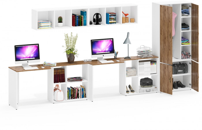 Лидер-8 Стол + Полка + Стол + Полка + Шкаф МД 20Б, белый шагрень/крафт золото