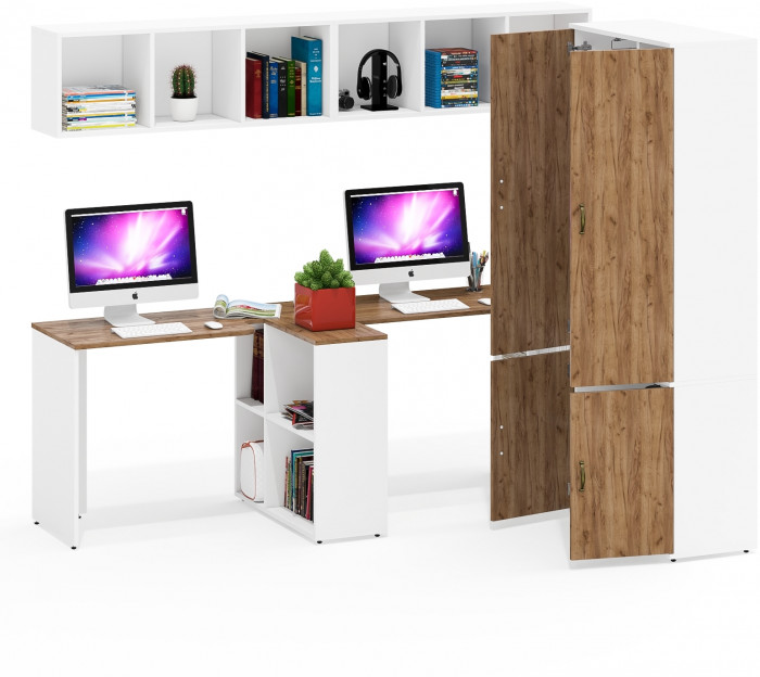 Лидер-8 Стол + Полка + Стол + Полка + Шкаф МД 20Б, белый шагрень/крафт золото