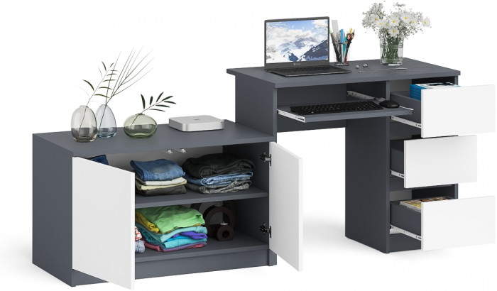 Мори компьютерный стол МС-6 правый + Тумба МА900.1, графит/белый