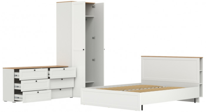 Остин 11.53 Кровать + ортопед + 13.224 Шкаф + 16.240 Комод, белый шагрень/дуб крафт золотой
