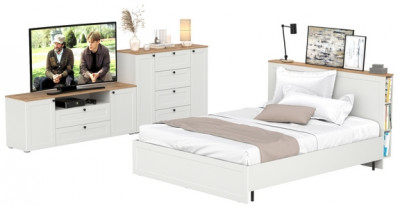 Остин 11.53 Кровать + ортопед + 16.47 Тумба под ТВ + 16.221 Комод, белый шагрень/дуб крафт золотой