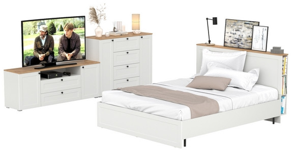 Остин 11.53 Кровать + ортопед + 16.47 Тумба под ТВ + 16.221 Комод, белый шагрень/дуб крафт золотой