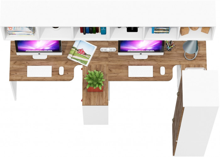 Лидер-8 Стол + Полка + Стол + Полка + Пенал МД 22Б, цвет белый шагрень/крафт золото, ШхГхВ 370х50/37,5х75/190 или 230х120/50х75/190 см., НЕ ун. сборка