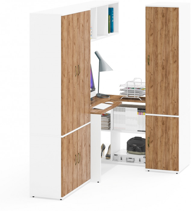 Лидер-8 Шкаф МД 20Б + Стол + Полка + Пенал 23Б, цвет белый шагрень/крафт золото, ШхГхВ 285х50/37,5х75/190 или 195х120х75/190 см., НЕ ун.сб.