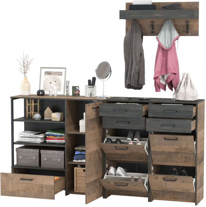 Трувор Прихожая 156, цвет дуб гранж песочный/интра, ШхГхВ 209х37х195 см., универсальная сборка