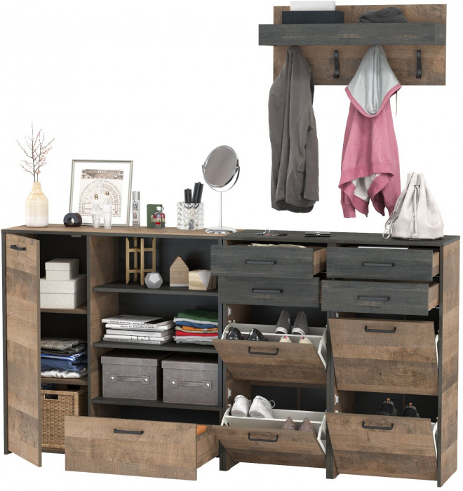 Трувор Прихожая 156, цвет дуб гранж песочный/интра, ШхГхВ 209х37х195 см., универсальная сборка