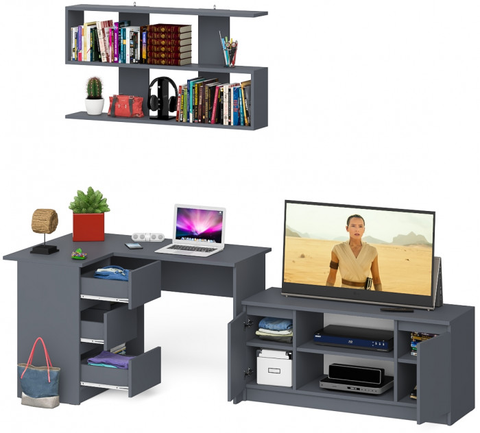 Мори компьютерный стол МС-16 левый + Тумба МТВ1200.1 + Полка 1200, графит