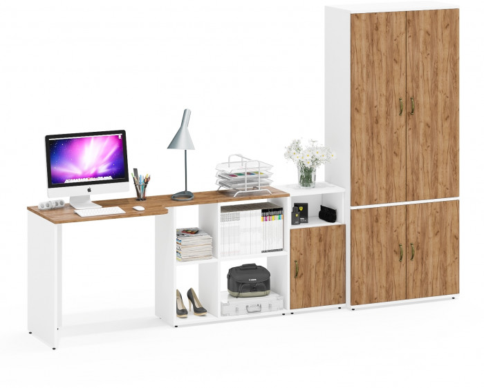 Лидер-8 Стол + Тумба МД 3.19 + Шкаф МД 20Б, цвет белый шагрень/крафт золото, ШхГхВ 285х50/37,5х75/190 или 115х200/50х75/190 см., НЕ ун. сборка