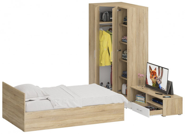 Спальня Стандарт 4-1200, дуб сонома/фасады ТВ тумбы МДФ белый глянец