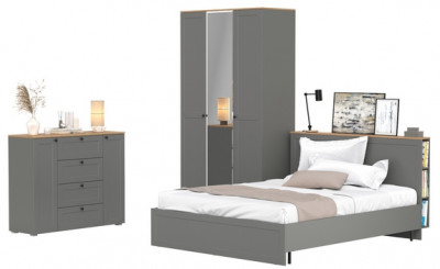 Остин 11.53 Кровать + ортопед + 13.336.03 Шкаф для одежды + 16.221 Комод, серый графит/дуб крафт золотой