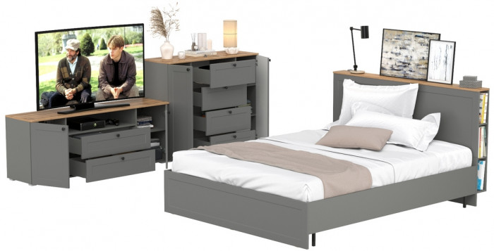 Остин 11.53 Кровать + ортопед + 16.47 Тумба под ТВ + 16.221 Комод, серый графит/дуб крафт золотой