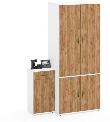 Лидер-8 Шкаф МД 19Б + Тумба МД 3.15, белый шагрень/крафт золото