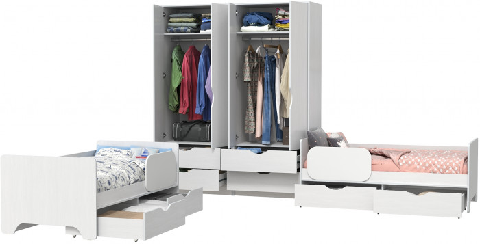 КР100 Уна 11.22 Две кровати с ящиками + 13.327 Два шкафа для одежды, цвет белый(структура Поры дерева), сп. м. 2х800х1600 мм., б/м, основание есть