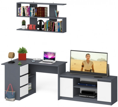 Мори компьютерный стол МС-16 левый + Тумба МТВ1200.1 + Полка 1200, графит/белый