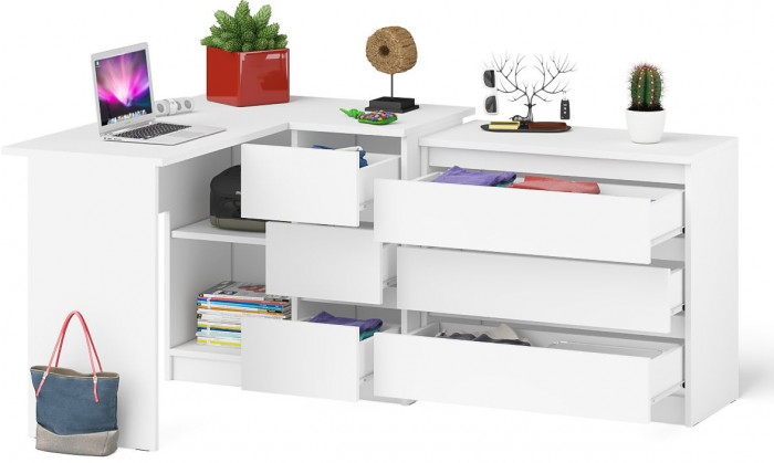 Мори Стол компьютерный МС-16 правый + Комод МК800.1, цвет белый, ШхГхВ 204,8х84,9х76,6 см., выдвижные ящики справа, НЕ универсальная сборка