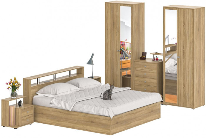 Камелия спальня № 4 Кровать 1800 + Две тумбы + Комод + Шкаф 4-х створчатый, дуб сонома