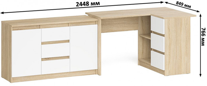 Мори компьютерный стол МС-16 правый + Комод МК1200.3, дуб сонома/белый