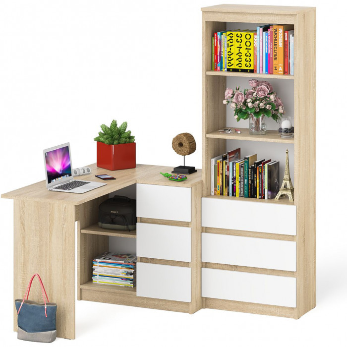 Мори компьютерный стол МС-16 правый + Стеллаж МСТ600.3, дуб сонома/белый