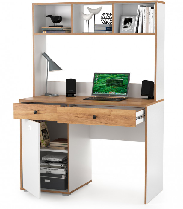 Вуди письменный стол 12.42 + Надстройка на стол 13.161, белый премиум/дуб крафт золотой