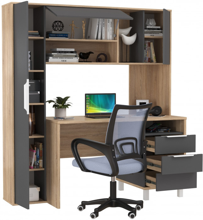 Стол компьютерный Комфорт 12.95N + кресло 103 серое, цвет дуб сонома/тёмно-серый, ШхГхВ 162х60,3х180 см., НЕ универсальная сборка