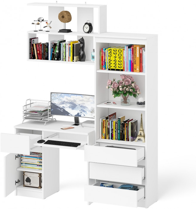 Мори компьютерный стол МС-1 левый + Стеллаж МСТ600.3 + Полка 900, белый