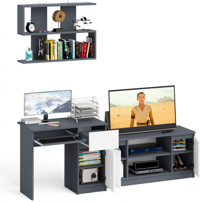 Мори компьютерный стол МС-1 правый + Тумба МТВ1200.1 + Полка 900, графит/белый