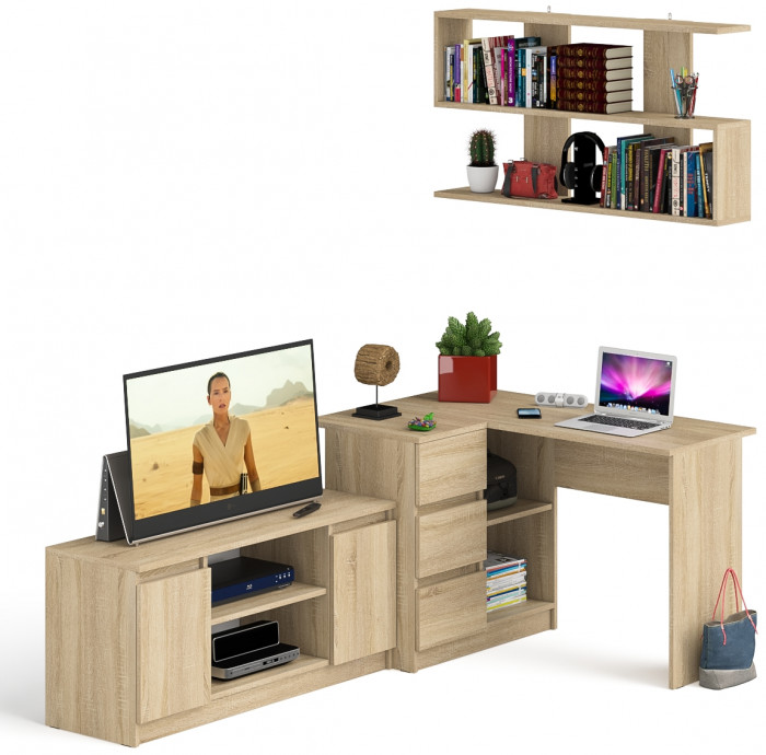 Мори компьютерный стол МС-16 левый + Тумба МТВ1200.1 + Полка 1200, дуб сонома