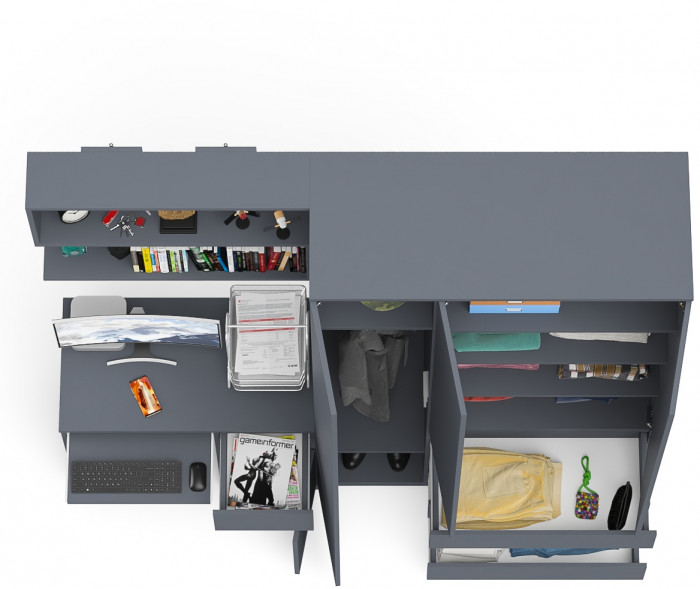 Мори Стол компьютерный МС-1 правый + Шкаф МШ1200.1 + Полка 900, цвет графит, ШхГхВ 210,4х50,4х209,6 см., НЕ универсальная сборка