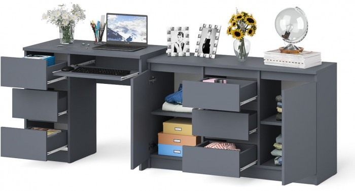 Мори Стол компьютерный МС-6 левый + Комод МК1200.3, цвет графит, ШхГхВ 210,4х50х76,6 см., выдвижные ящики слева, НЕ универсальная сборка