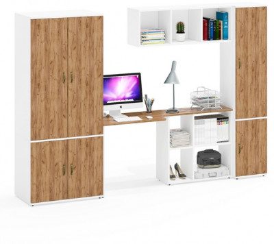 Лидер-8 Шкаф МД 19Б + Стол + Полка + Пенал 21Б, белый шагрень/крафт золото