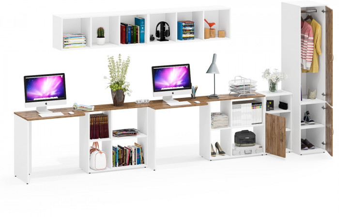 Лидер-8 Стол + Полка + Стол + Полка + Пенал МД 23Б + Тумба МД 3.19, цвет белый шагрень/крафт золото, 410х50х75/190 или 230х160/50х75/190, НЕ ун. сб.