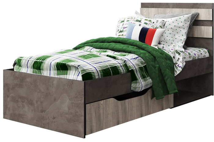 Кровать односпальная 90х200 с ящиком "Лондон" - Оникс/Бетон пайн светлый