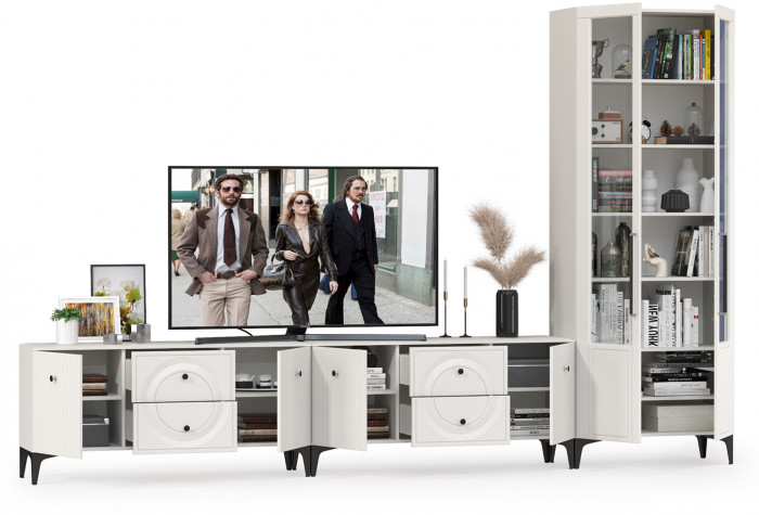 Валенсия Гостиная № 082, цвет ЛДСП белый шагрень/МДФ белый шагрень, ШхГхВ 350,3х38,3х225,2 см., универсальная сборка