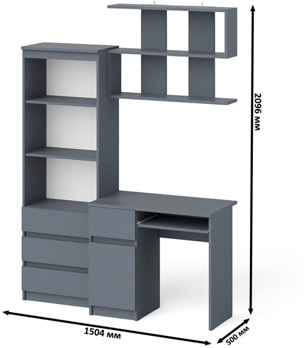 Мори компьютерный стол МС-1 левый + Стеллаж МСТ600.3 + Полка 900, графит
