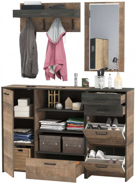 Трувор Прихожая 166, цвет дуб гранж песочный/интра, ШхГхВ 159х37х195 см., универсальная сборка