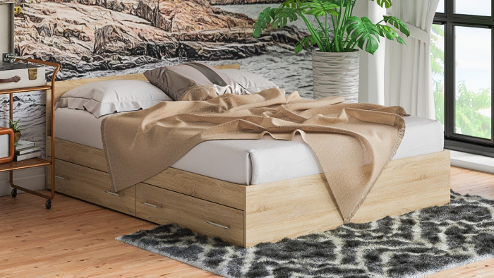 Мори Кровать с ящиками 1600, цвет дуб сонома, ШхГхВ 163,5х203,5х70 см., сп.м. 1600х2000 мм., без матраса, основание есть