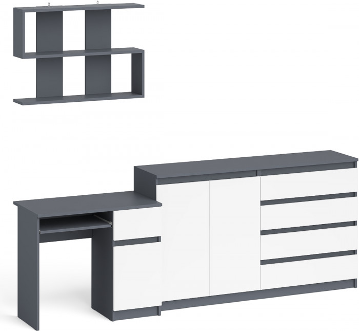 Мори Стол компьютерный МС-1 правый + Комод МК1600.1 + Полка 900, цвет графит/белый, ШхГхВ 250,4х50х209,6 см., НЕ универсальная сборка