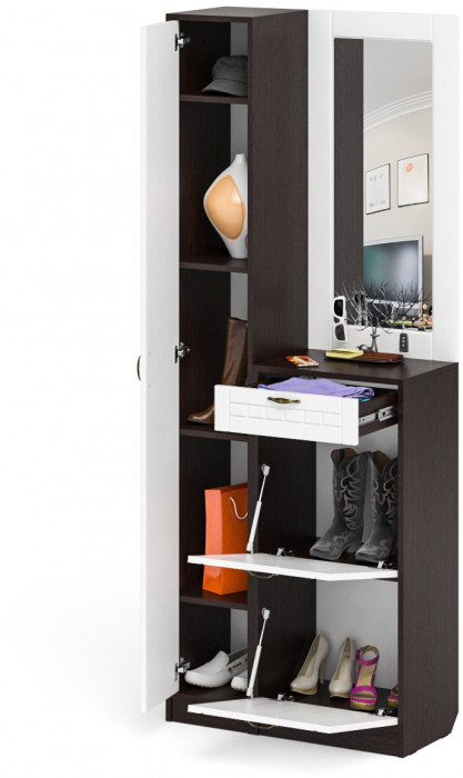 Прихожая П-6 Компоновка № 23, венге/фасады МДФ белое дерево фрезеровка прованс