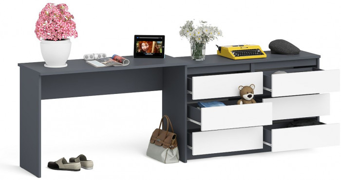 Мори Стол письменный МСП1200.1 + Комод МК1200.6, цвет графит/белый, ШхГхВ 240,8х50х76,6 см., универсальная сборка