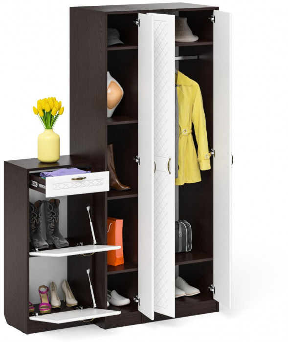 Прихожая П-6 Компоновка № 48, венге/фасады МДФ белое дерево фрезеровка ромб